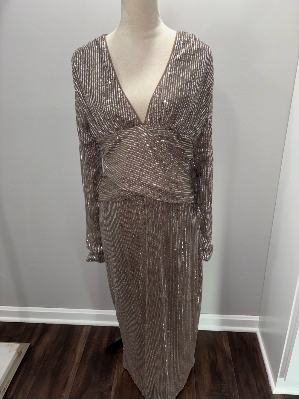 Lulu's Taupe Sequin-Accent Evening Gown